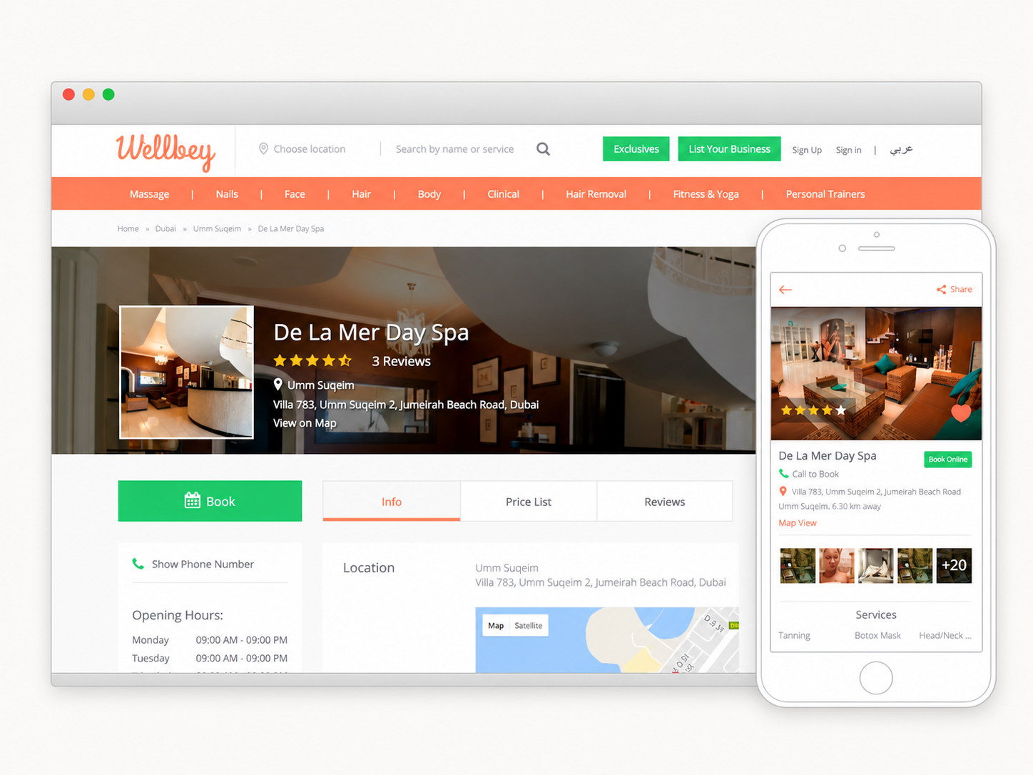 AI-enhanced presentation of the archived Wellbey desktop and mobile booking experience. The salon cover photograph is illustrative, not a partner venue.