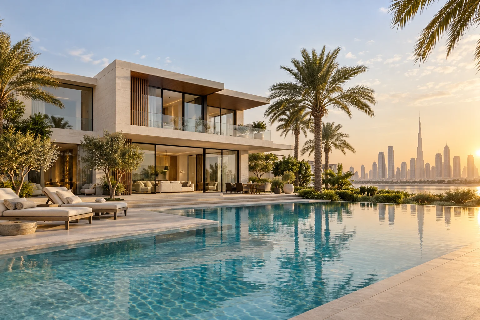 AI-generated illustrative Dubai villa with a pool and skyline