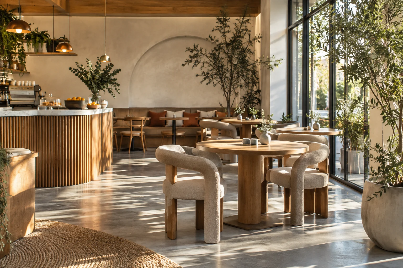 AI-generated independent cafe interior with warm wood and greenery